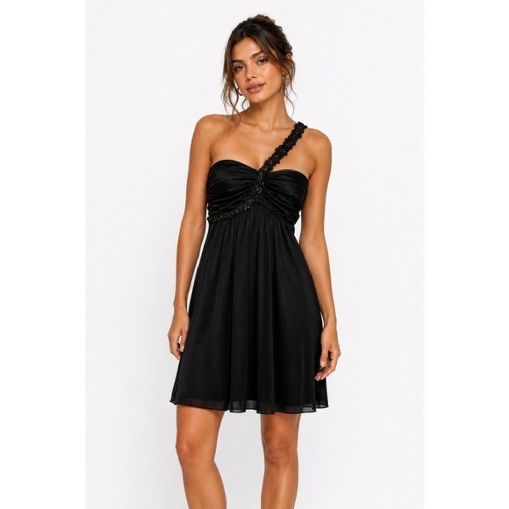 VTG Y2K B. Smart Babydoll Party Dress Junior 7/8 Black Sequins One Shoulder Mini